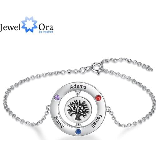 JewelOra Designer Personalized Tree of Life Birthstone Bracelet Customized Name Engraved Rotatable Round Bracelet Christmas Gift