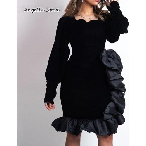 Black Velour Sheath Prom Dresses With Full Sleeves 2021 Ruffles Custom Color Matching Short Cocktail Party Dress For Women