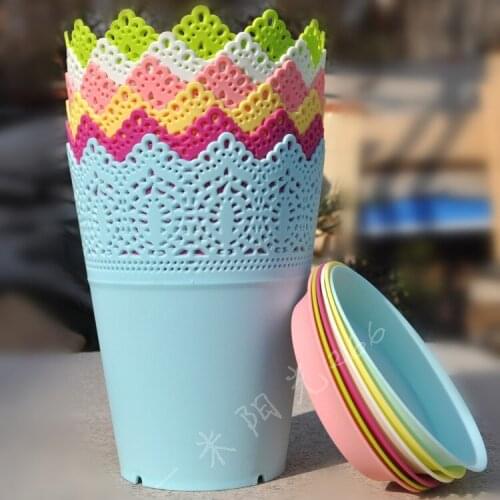 16.5x13cm Flower Planter With Tray Crown Lace Plastic Plant Pot Resin Flowerpot Modern Style+ Tray