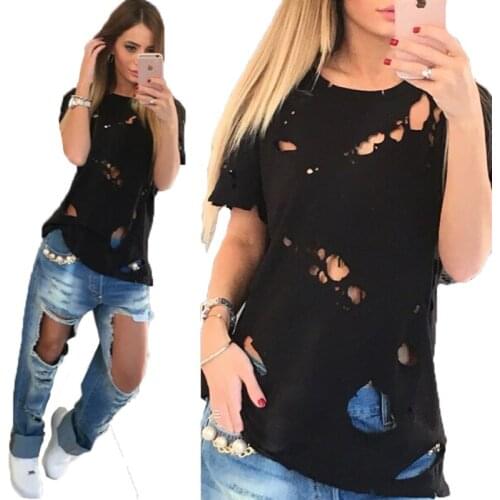 Summer imitation cotton pull frame burnt flower hole beggar wear short-sleeved hole t-shirt
