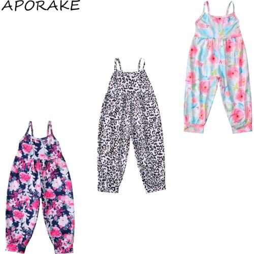 2021 2-7Y Summer Kids Girls Fashion Romper Sleeveless Floral/Leopard Print Jumpsuit Children Stylish Long Pants for Daily Wear