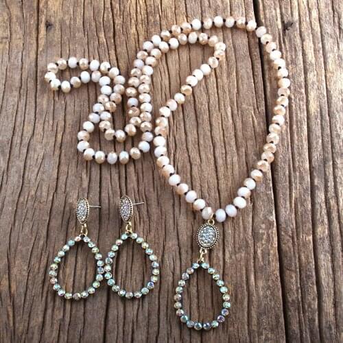 MD Fashion Boho Jewelry Set Glass Long Knotted Drop Pendant Necklace Earring Set Women Gift Dropship