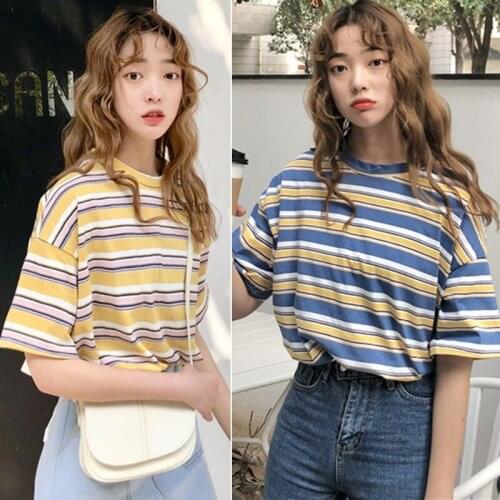 Summer Fashion Women Summer Casual T Shirt Short Sleeve O-Neck Preppy Style Striped Loose Women Tee 2019 New
