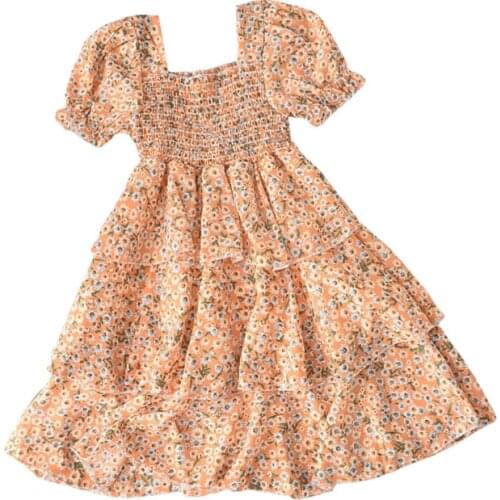 Kids Girls Fashion Short Sleeve Floral Dress Stylish Square Collar Dress for Children Girls