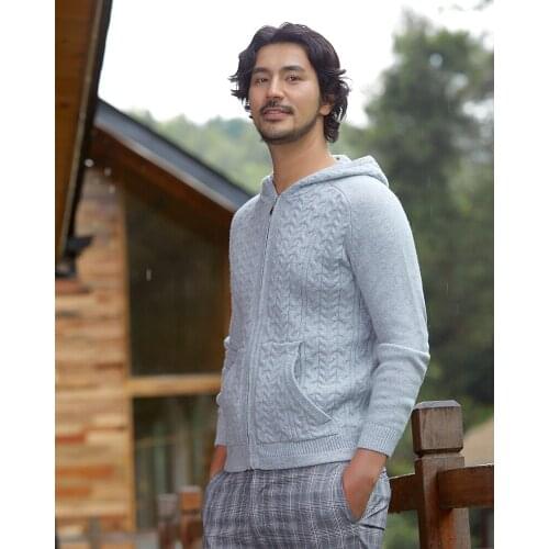 Zhili Mens Casual Hooded Collar Cable Knitted Zip-up Cardigan Wool Sweater Jacket