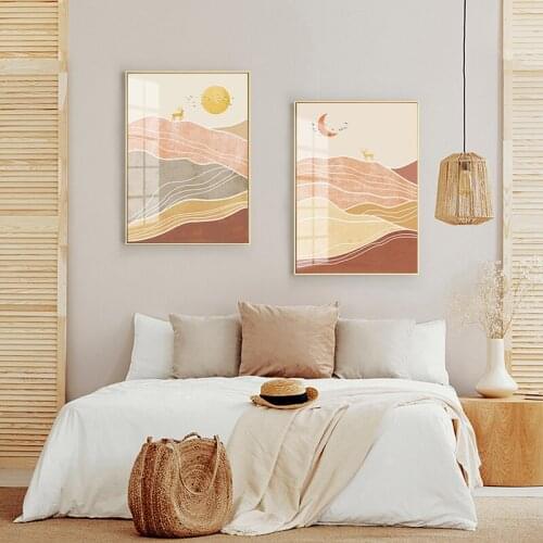 Simplistic Nordic Morandi abstract geometric lines remote mountain sun moon mural poster print decorative picture