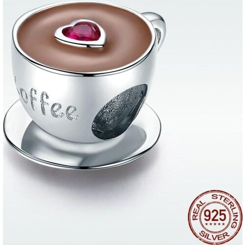 Real 925 Sterling Silver Beads Coffee Shape Crystal charms Fit Original Pandora Bracelets Bangles Women Jewelry