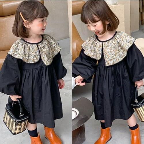 Girl Floral Turn Down Collar Princess Dress for Girls Autumn Spring Clothes Children Long Sleeve Party Dress Puff Sleeve Dresses