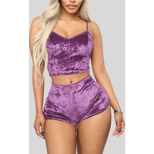 Sexy Womens Velvet Pajamas Set Sleeveless Crop Top Bowknot Camisole Shorts Summer Sleepwear Lingerie 2 Pieces Outfit 2021 A30