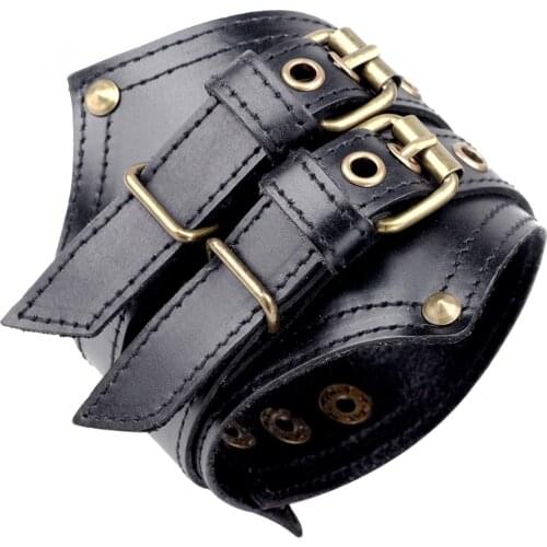 Classic Rock Bracelet Wide Leather Wristband 3 Buckle Belt Alloy Black Red Cow Punk Leather Jewelry Cuff Bangle Gift