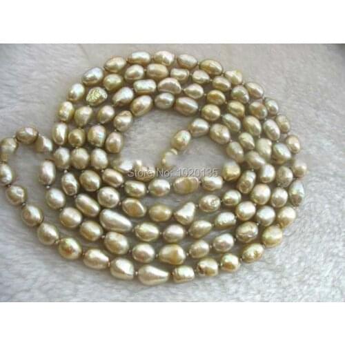 Wow! freshwater pearl baroque champagne LONG necklace 43" nature wholesale beads 8-10nn FPPJ FOR XMAS GIFT