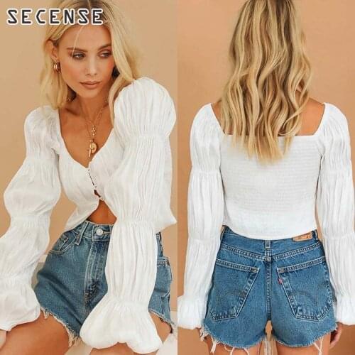 Women Lantern Sleeve Ruched Top Folded Single Breasted Button Blouse Long Sleeve Shirt White Off Shoulder T-Shirt Elegant Top Fa