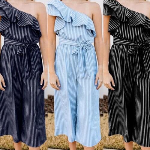 Summer Womens Jumpsuits&Rompers Striped Color Print Jumpsuit Ruffles Straight Pants Casual Female Leopard C2699