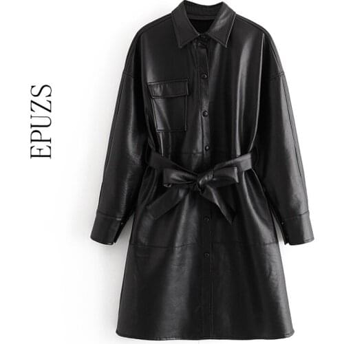 Winter belt Faux Leather Jacket women long coat long sleeve Motorcycle Coat ladies black leather coat spring winter 2020