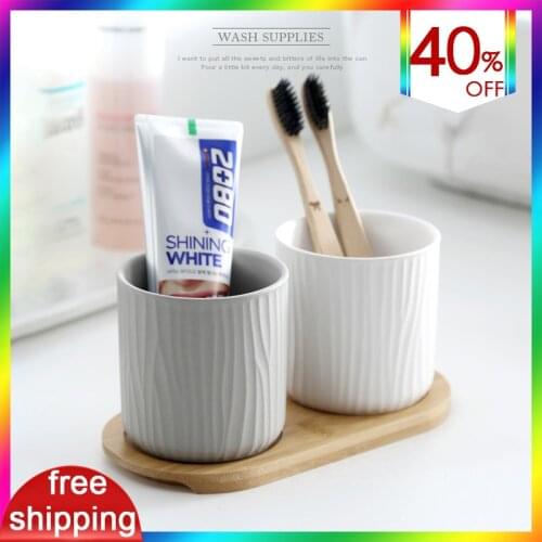 2pcs Couples Toothbrush Holder Ceramics Cups Set for Bathroom Accessories Bamboo Wood Brush Holder Cup