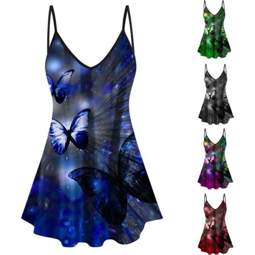2021 Ladies Blouse Women Spaghetti Strap Vest Summer Butterfly Print Casual Loose Female Tops Streetwear Female Clothes Oversize