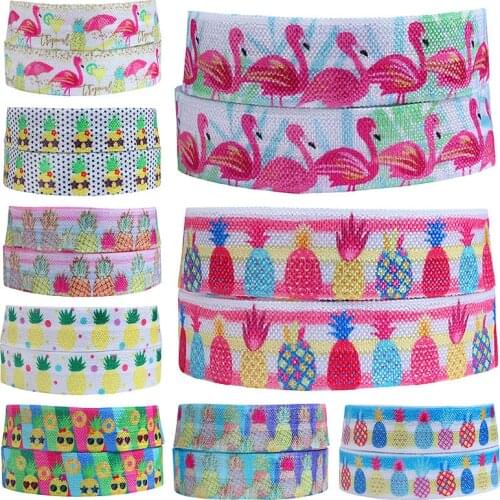 50 yards/lot) Flora Ribons beautiful flamingo printed fold over elastic ribbon for hairbands