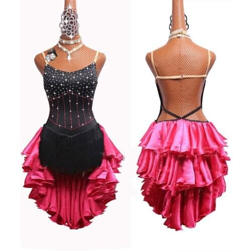 Shiny Rhinestones Latin Dance Dress Women New Fashion High-end Black Fringed Dresses Rose Red Skirt Ballroom Competition Clothes