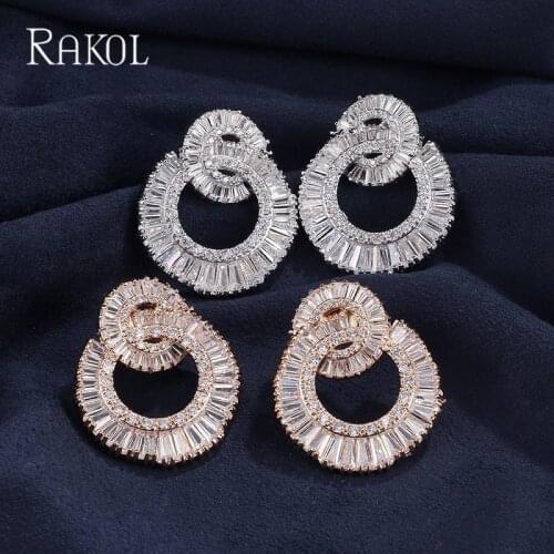 RAKOL Shiny Bling Double Circle Round Cubic Zirconia Stud Earrings for Women Girls Party Dinner Luxury Wedding Jewelry RE3717R