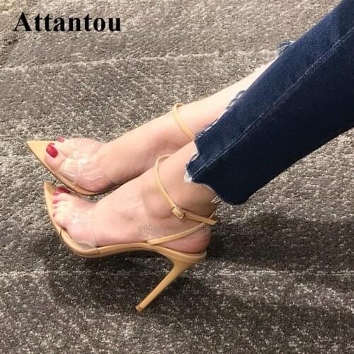 Nude Black Concise Designer Clear Transpatent PVC Thin Heeled Sandals Women Stiletto High Heel Ankle Buckle Cross Strappy Shoes