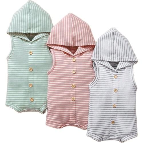 0-18M Newborn Baby Boys Girls Unisex Striped Sleeveless Hooded Button Romper Jumpsuits Outfits