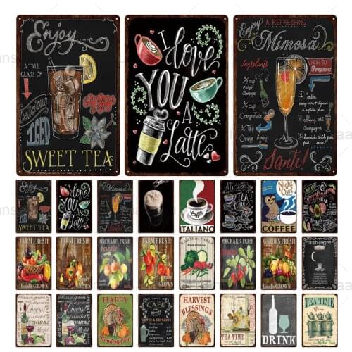 Metal Tin Sign Drinks & Fruits Vintage Poster Kitchen Wine Coffee Tea Time Decorative Plates Metal Plaque Signs Home Wall Dcor