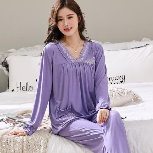 Autumn Fashion Women Pajamas Sets Long Sleeve Modal Tops Long Pants Solid Color Homewear Casual Sexy Female Sleepwear Sets M-4XL