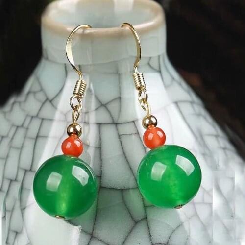 Wholesale 925 Silver Natural Green AGATE 10mm Beads Earrings Original Simple Jade Pulp Women Fine Stone Jewelry Amulet
