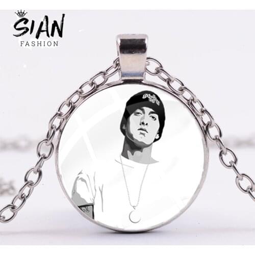 SIAN Musician Eminem Star Necklace Hip-Hop Style Popular Rapper Singer Glass Photo Crystal Pendant Necklace for Friend Fans Gift
