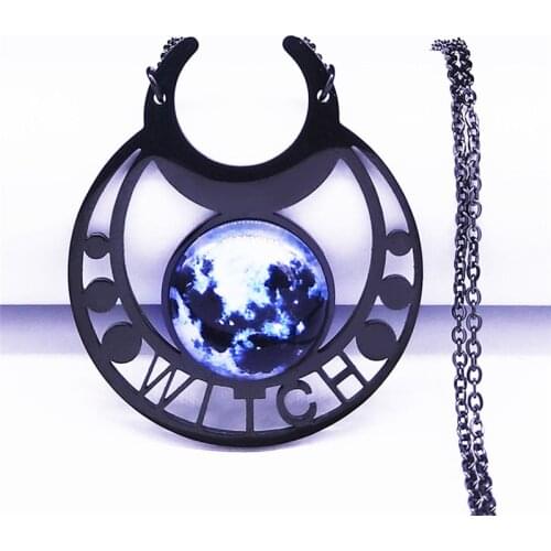 Lovely FAJA Witch Stainless Steel Black Statement Necklace for Women Black Moon Necklaces Pendants Jewelry colgante N4145S03