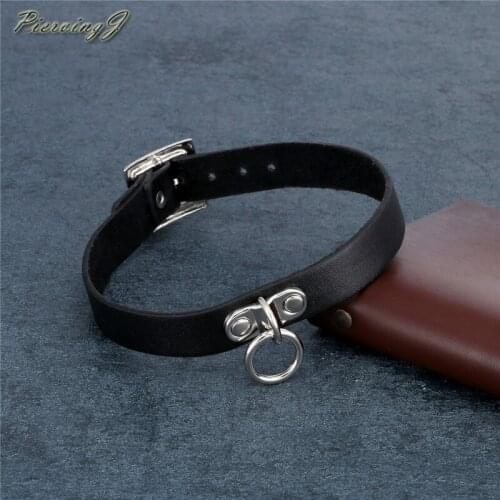 PiercingJ Black Leather O shape pendant Punk Gothic Choker Necklaces Adjustable Collar Necklace for Women Men