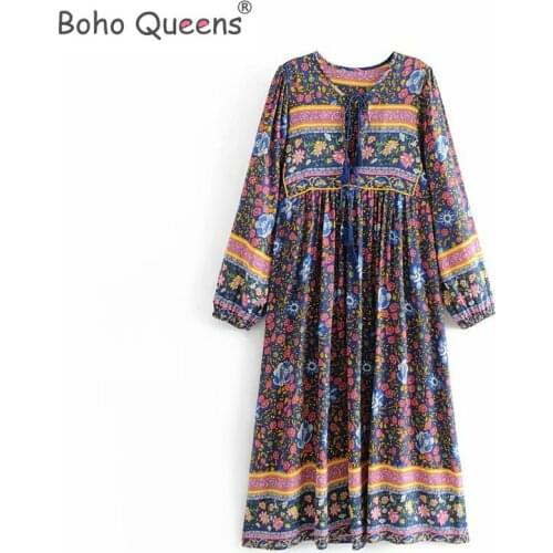 Boho Queens long sleeve lace-up floral print beach Bohemian midi dress Ladies tassel rayon happie dress vestidos