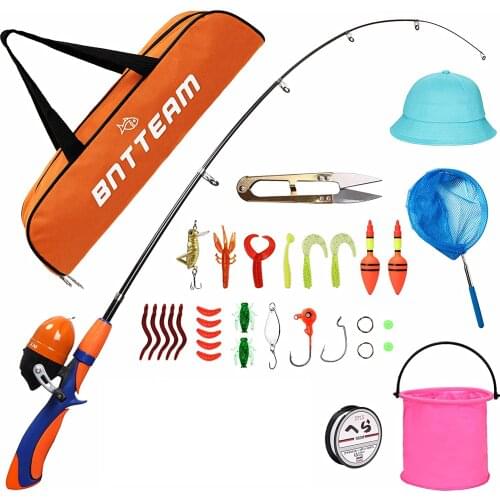 Spinning Reel & Rod Combos With Telescopic Fishing Rod Reel Lures Hat Folding Bucket Retractable Net Line Set for Kids/Beginners
