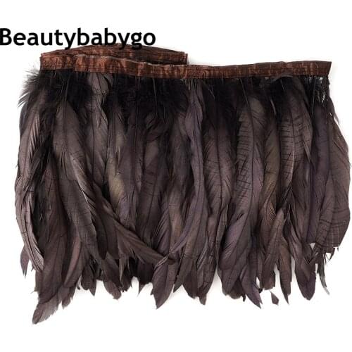 Pack of 2 yard Brown Dyed Rooster Coque Feather Trims 25-30CM DIY Chicken Pluma Ribbon Feathers Lace For Cloth Decorations Belt