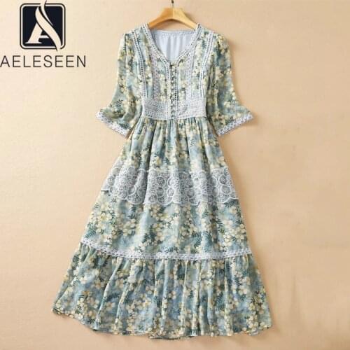 AELESEEN Spring Autumn Fashion Dress For Women 2021 Half Sleeve V-Neck Button Flower Print Lace Long Elegant Female Dress