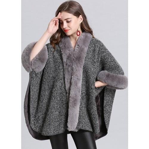 2020 Plush Fox Hair Collar Winter Poncho Oversized Cardigan Knitted Shawl Cape Women Black Grey Auburn Outwear Cloak