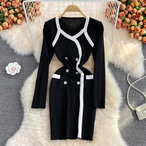 Patchwork Color V-Neck Female Knitted Dress High Waist Thin Stretch Skinny Long Sleeve Women Elegant Mini Bodycon Vestidos