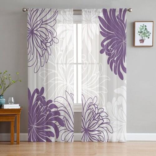 Purple White Flower Floral Chrysanthemum Voile Tulle Sheer Curtains for Bedroom Living Room Kitchen Decor Window Curtain