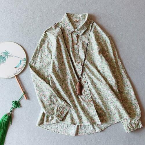 Cotton Shirt Women Printed Floral Long Sleeve Spring Autumn Original Vintage Literature Loose Casual Female Clothes YoYiKamomo