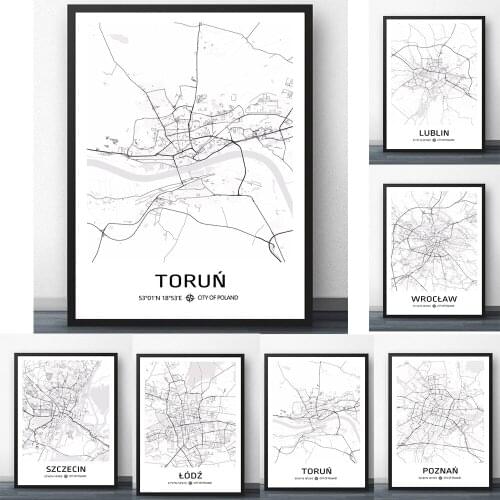 World Map Canvas Poster Poland City Map Black and White Print Painting Lodz Radom Warsaw Wroclaw Map for Living Room Home Decor