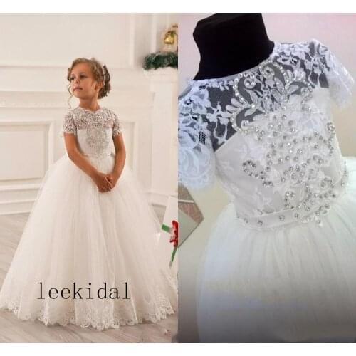 Short Sleeve Lace Tulle Ball Gown Flower Girl Dresses Vintage Child Pageant Dresses Holy Communion Flower Girl Wedding Dresses
