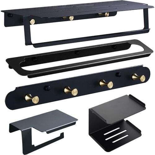 Bathroom Accessories Set Black Towel Rack Paper Holder Towel Bar Corner Shelf Toothbrush Holder Phone Holder Bathroom Hardware