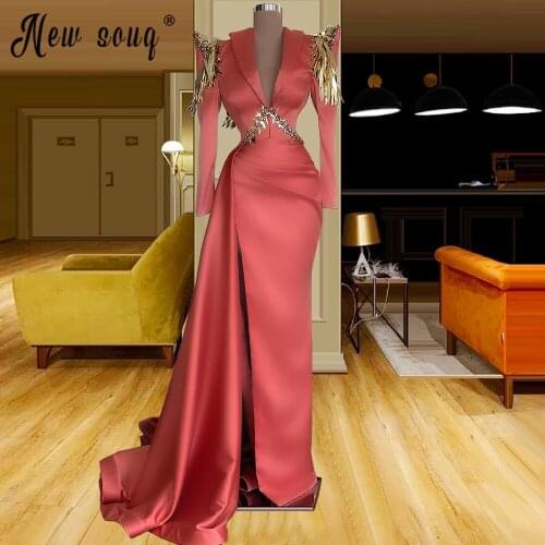Orange Evening Gowns Deep V Neck Satin Celebrity Dresses Muslim Long Sleeve Gold Sequins Prom Dress with Split Side Longue Robes