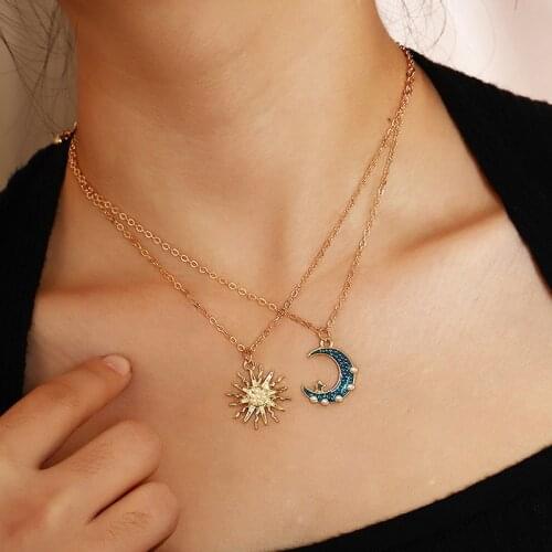 Simple Sun Stars Moon Necklaces Fashion Europen Alloy Oil Drop Women Long Pearl Golden Pendant Necklace Jewelry For Girls Gifts