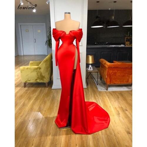 Simple Dubai Red Evening Dresses Long 2020 Elegant Long Sleeves Evening Gowns Side Split Celebrity Dresses Evening Wear Robes
