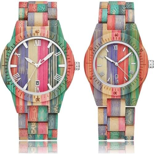 Rainbow Color Wood Watch Couple Watches Men Women Wristwatch Lovers Pair Quartz Reloj Colorful Bambooo Clock Natural Real Wooden