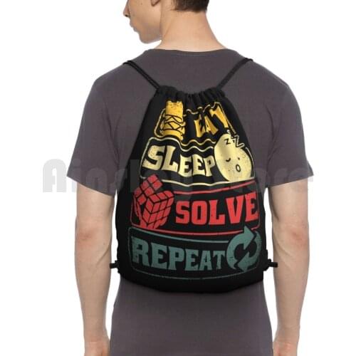 Eat Sleep Solve Repeat Vintage Backpack Drawstring Bags Gym Bag Waterproof Cube Puzzle Game Vintage Nerd Nerdy Smart 3X3