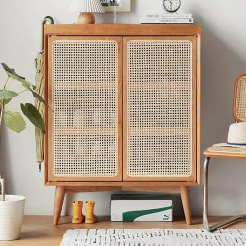 Shoe cabinet porch home entrance large capacity storage rattan woven breathable white oak Nordic solid wood cabinet