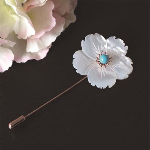 Shell Turquoise Pins 925 Sterling Silver Brooch Flower Women Accessories Full Evening Dress Official Suit Pin Luxury Jewelry