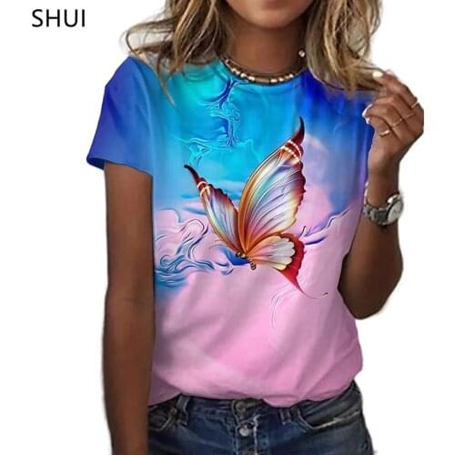 2021 New Style Plus Size Womens Short-sleeved Printed Round Neck Blouse Butterfly Printed T-shirt Casual Loose Roupas Femininas